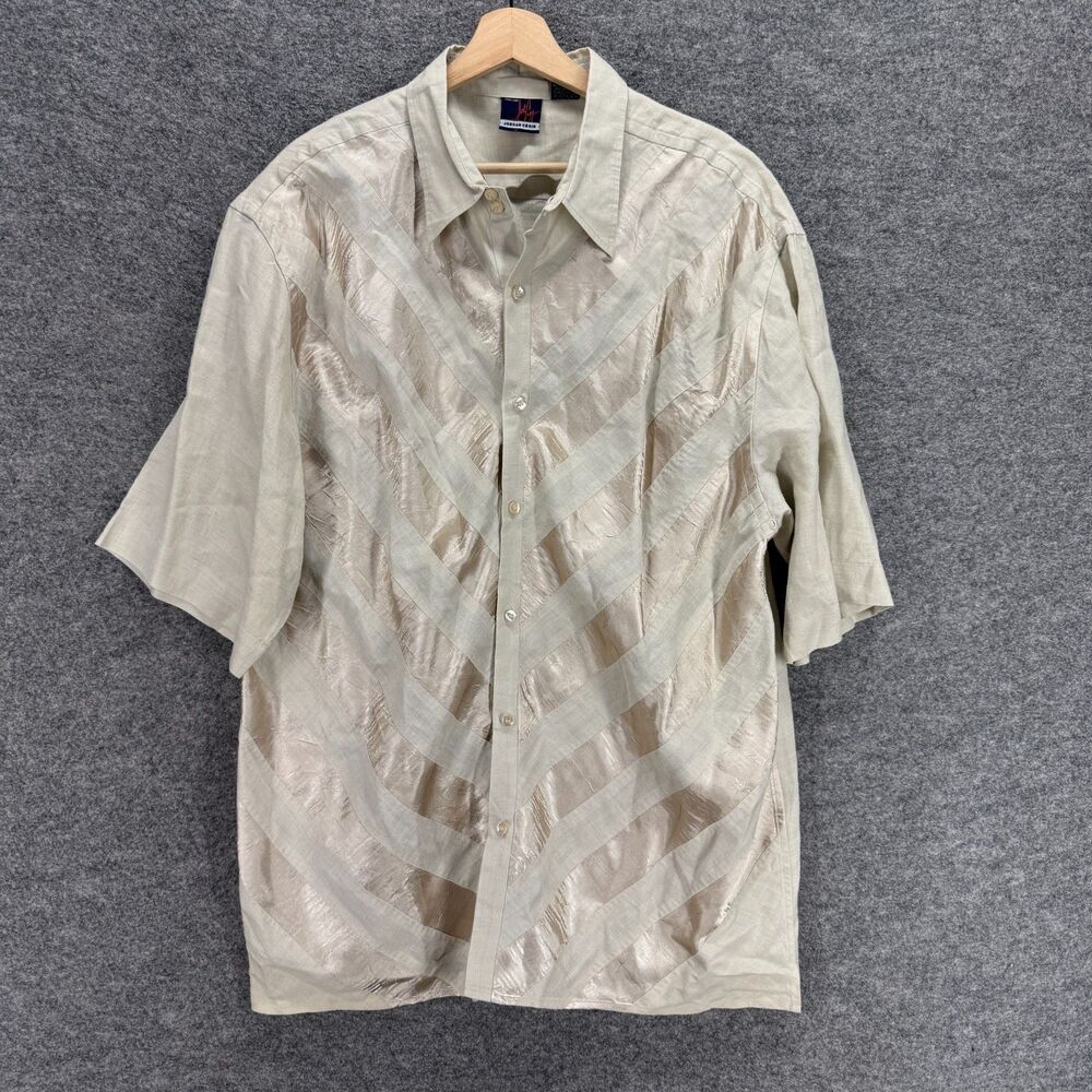 Jordan Craig Shirt Men XL Beige Striped Button Up Collared Short Sleeve Linen